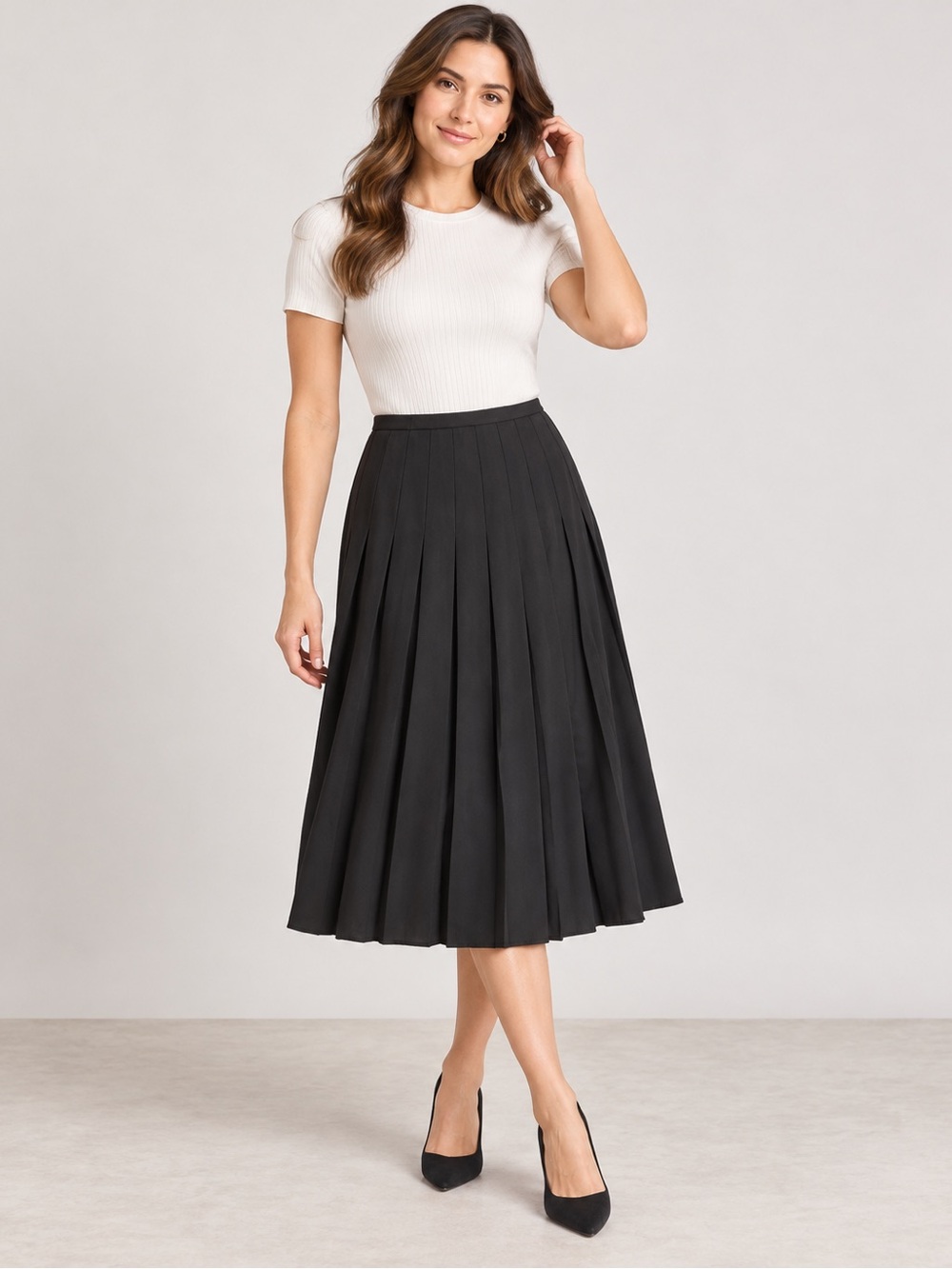 Vintage New York Michele Black Pleated Midi Skirt Size 12 Made in USA